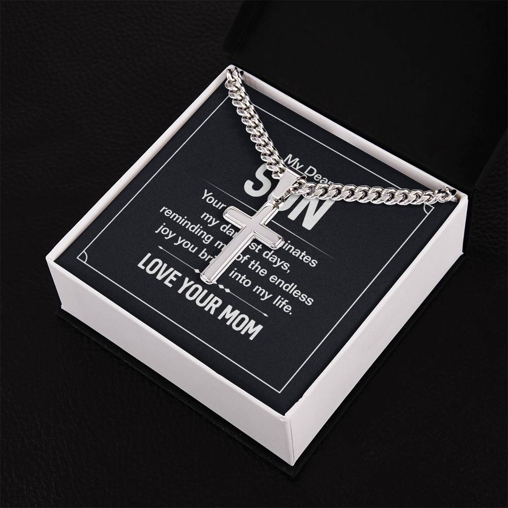 My Dear Son - Love Your Mom - Cuban Link Chain with Engraved Artisan Cross