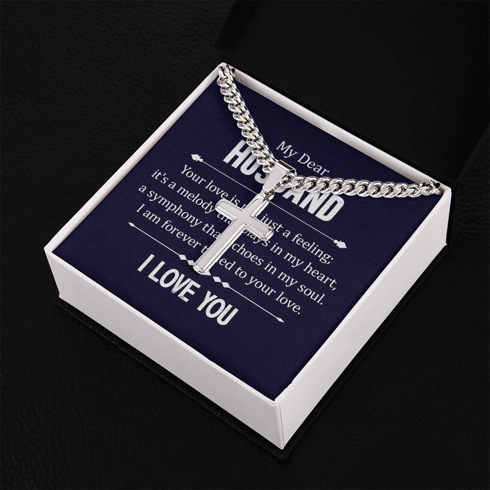 To My Husband - I Love You - Cuban Link Chain with Engraved Artisan Cross