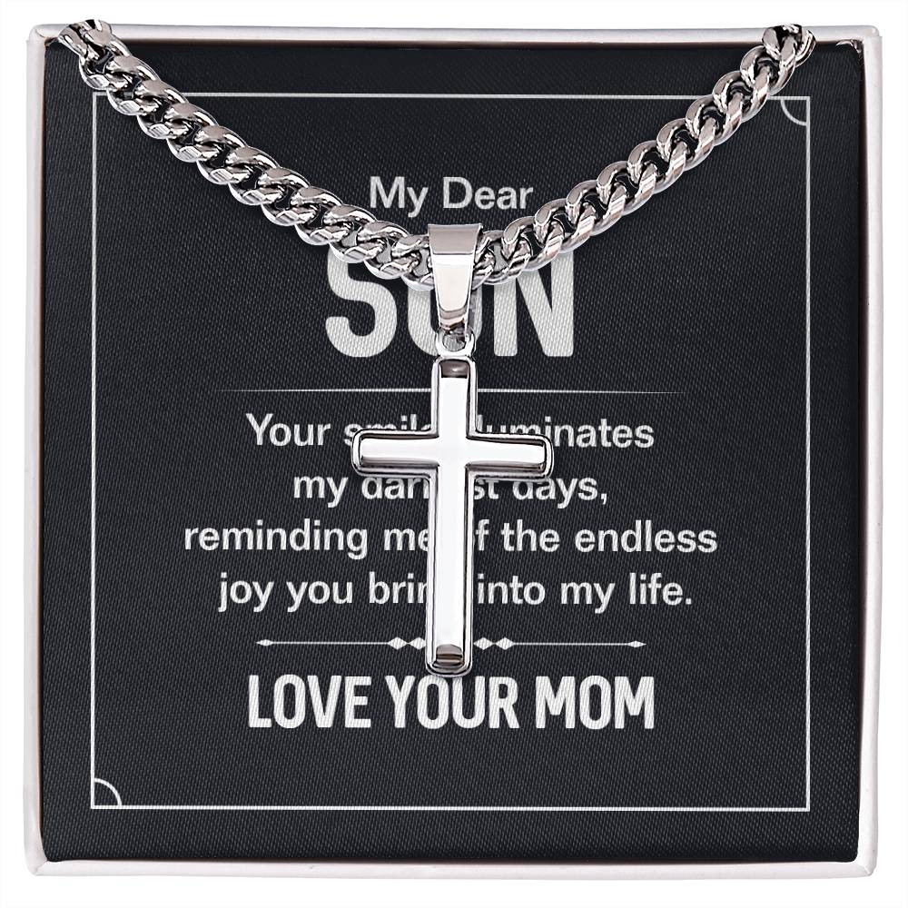 My Dear Son - Love Your Mom - Cuban Link Chain with Engraved Artisan Cross