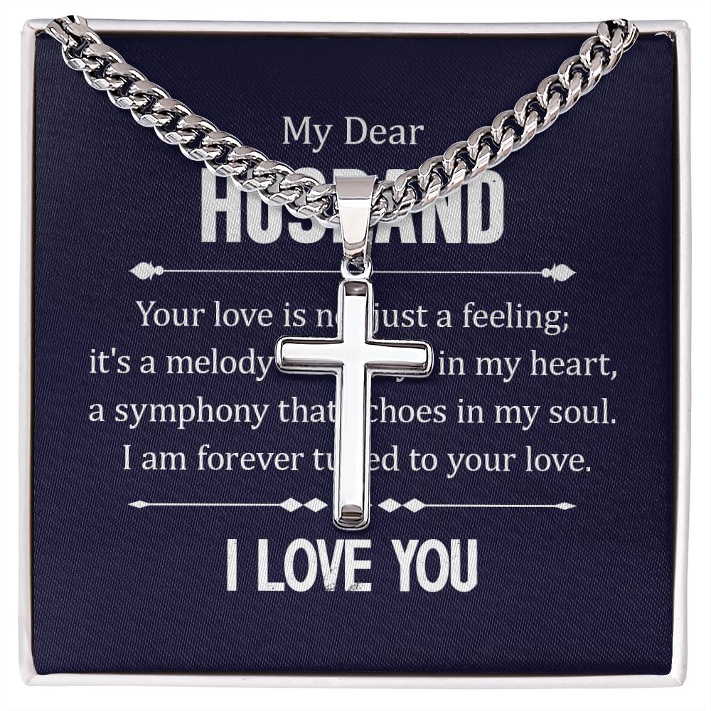 To My Husband - I Love You - Cuban Link Chain with Engraved Artisan Cross