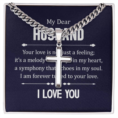 To My Husband - I Love You - Cuban Link Chain with Engraved Artisan Cross