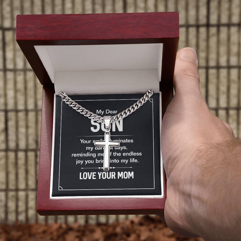 My Dear Son - Love Your Mom - Cuban Link Chain with Engraved Artisan Cross