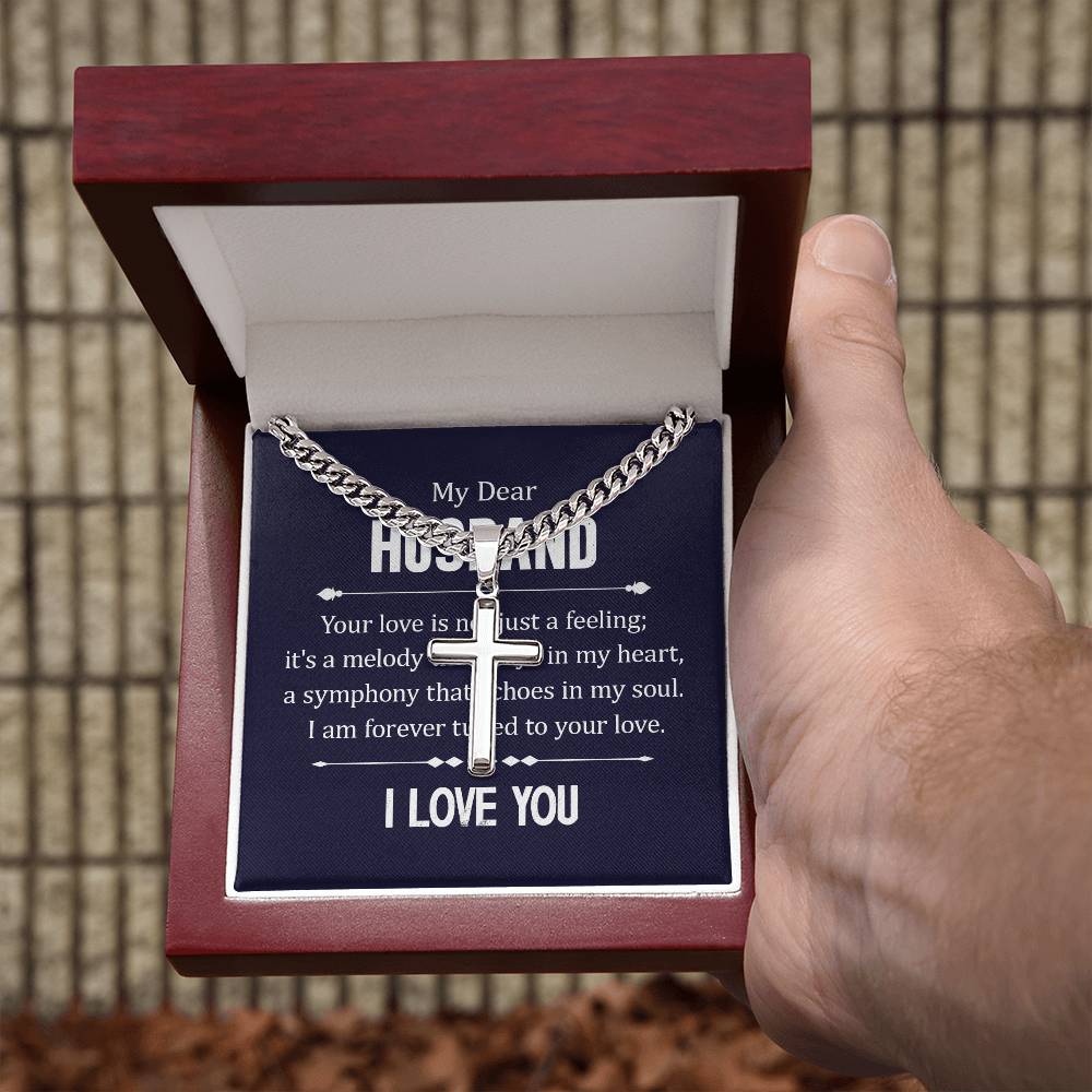 To My Husband - I Love You - Cuban Link Chain with Engraved Artisan Cross