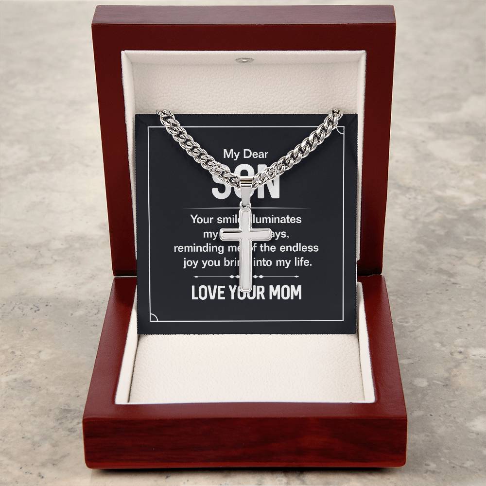 My Dear Son - Love Your Mom - Cuban Link Chain with Engraved Artisan Cross