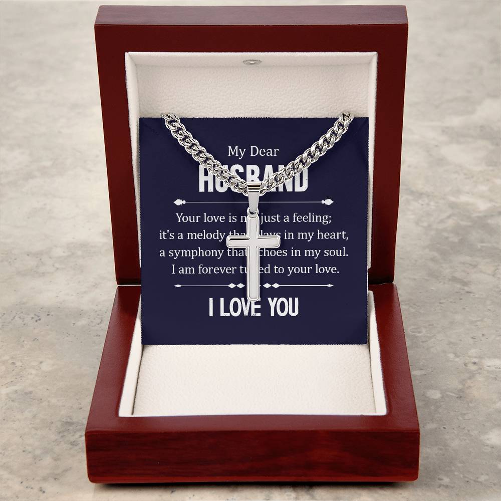 To My Husband - I Love You - Cuban Link Chain with Engraved Artisan Cross