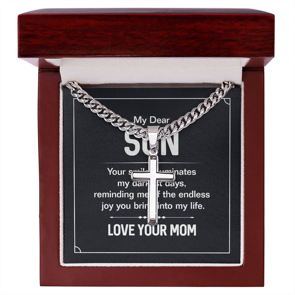 My Dear Son - Love Your Mom - Cuban Link Chain with Engraved Artisan Cross