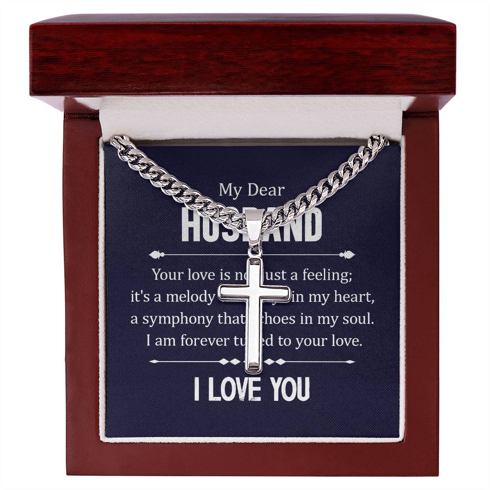 To My Husband - I Love You - Cuban Link Chain with Engraved Artisan Cross